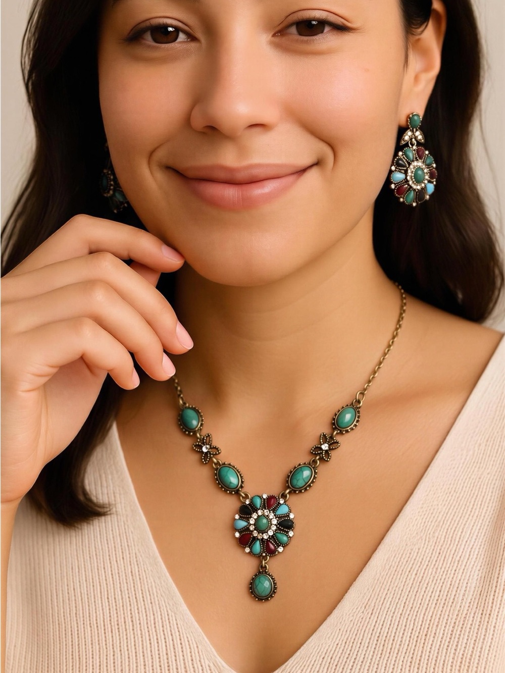 Fashion Jewelry Teal and Gold Floral Pendant Necklace Set
